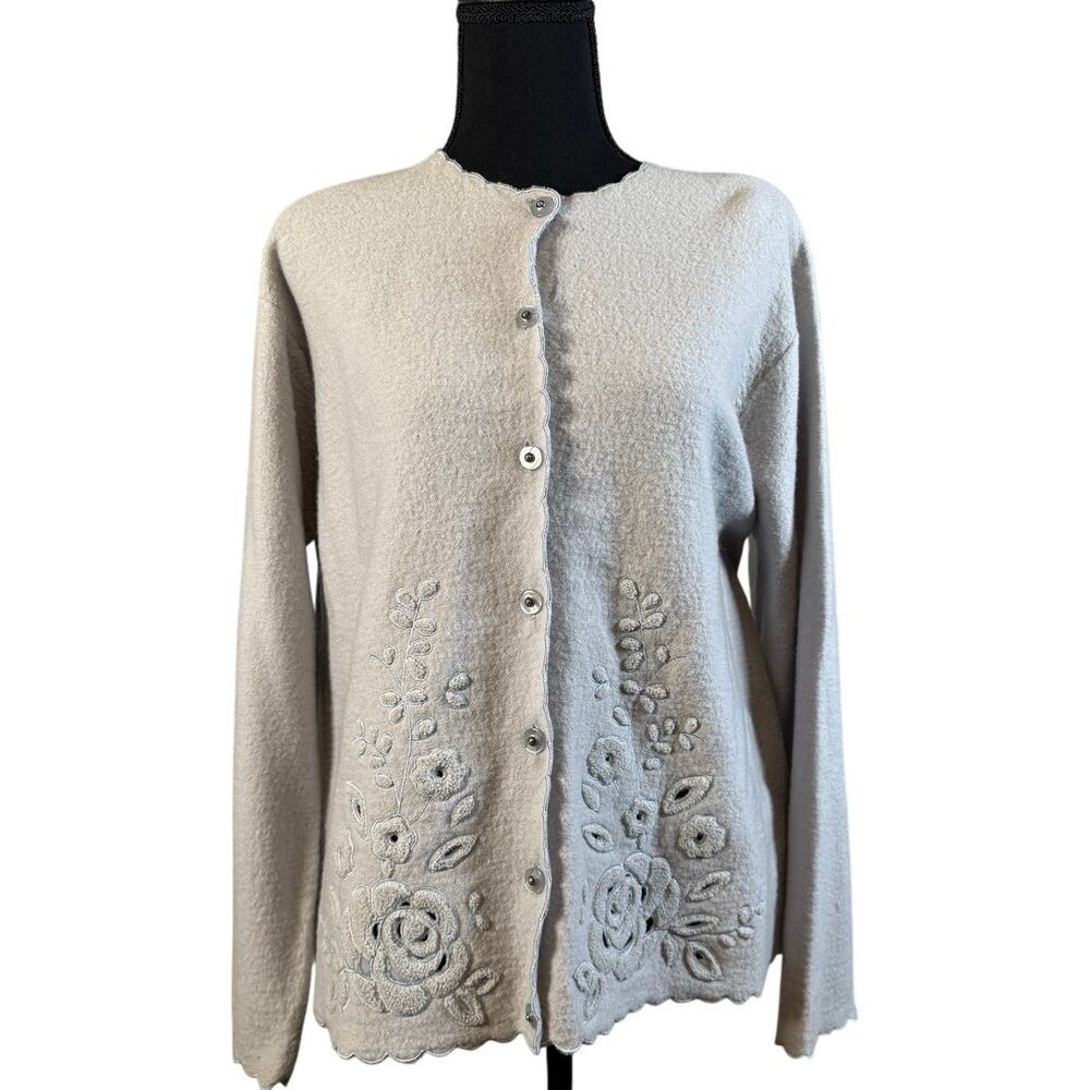 Vintage Koret Pale Gray 100% Wool Floral Cut Out Jacket Cardigan Sweater OOAK LG